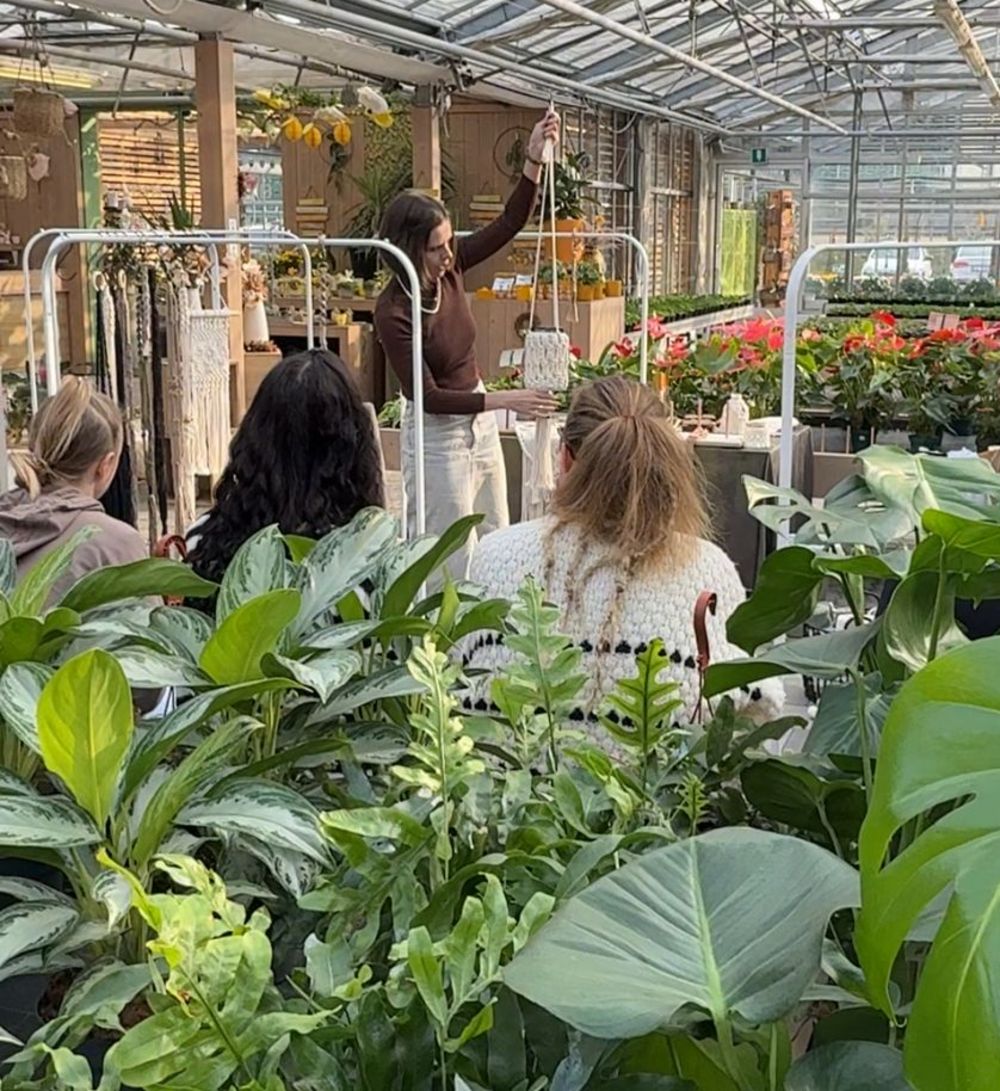 Makramee workshop in mitten von grünen Zimmerpflanzen in der Gärtnerei MeBo Flor in Bozen.